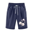 thumbnail image 1 of Linen Shorts for Women Casual Drawstring Bermuda Shorts Summer Wide Leg Knee Length Printed Shorts With Pockets B-Navy, 1 of 2