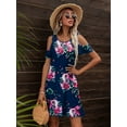 thumbnail image 3 of CALIPESSA Womens Summer Floral Print Cold Shoulder Short Sleeve Round Neck Flared Tunic A-Line Dress, 3 of 5