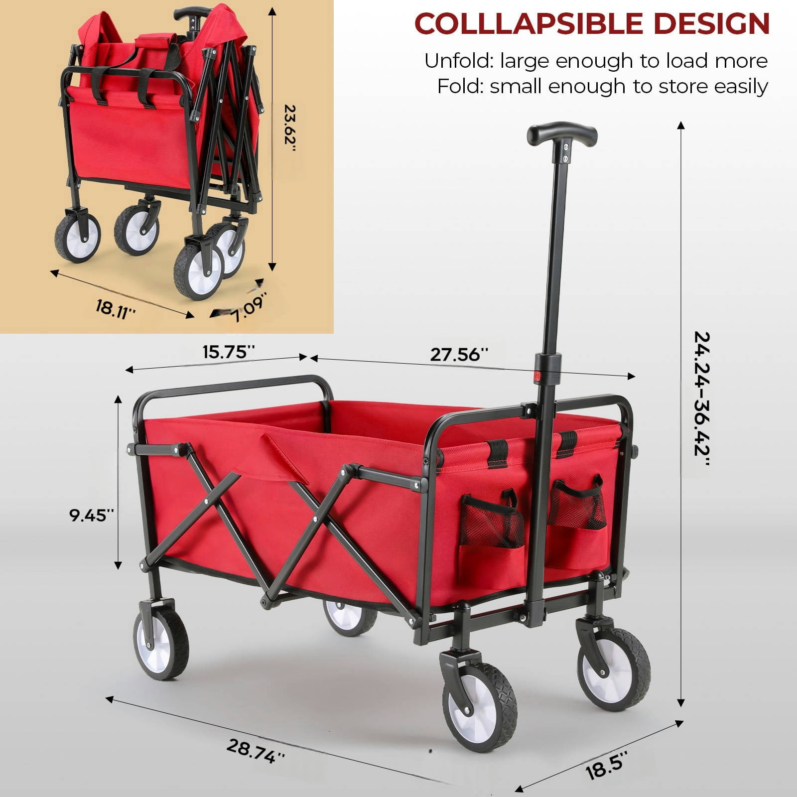 Pirecart Collapsible Wagon with Wheels,150 lbs Max Load Folding Wagon Cart with Carry Bag, Lightweight Portable Shopping Cart for Camping, Grocery, Garden, Sports