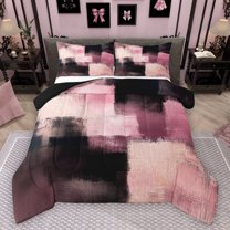 Homewish Vintage Artwork Adult Bedding Comforter Set, Black Pink Square Abstract Twin Comforter Sets, Fashion Oil Printing Reversible Bedding Set, Microfiber Bedroom Decor, 2-Piece