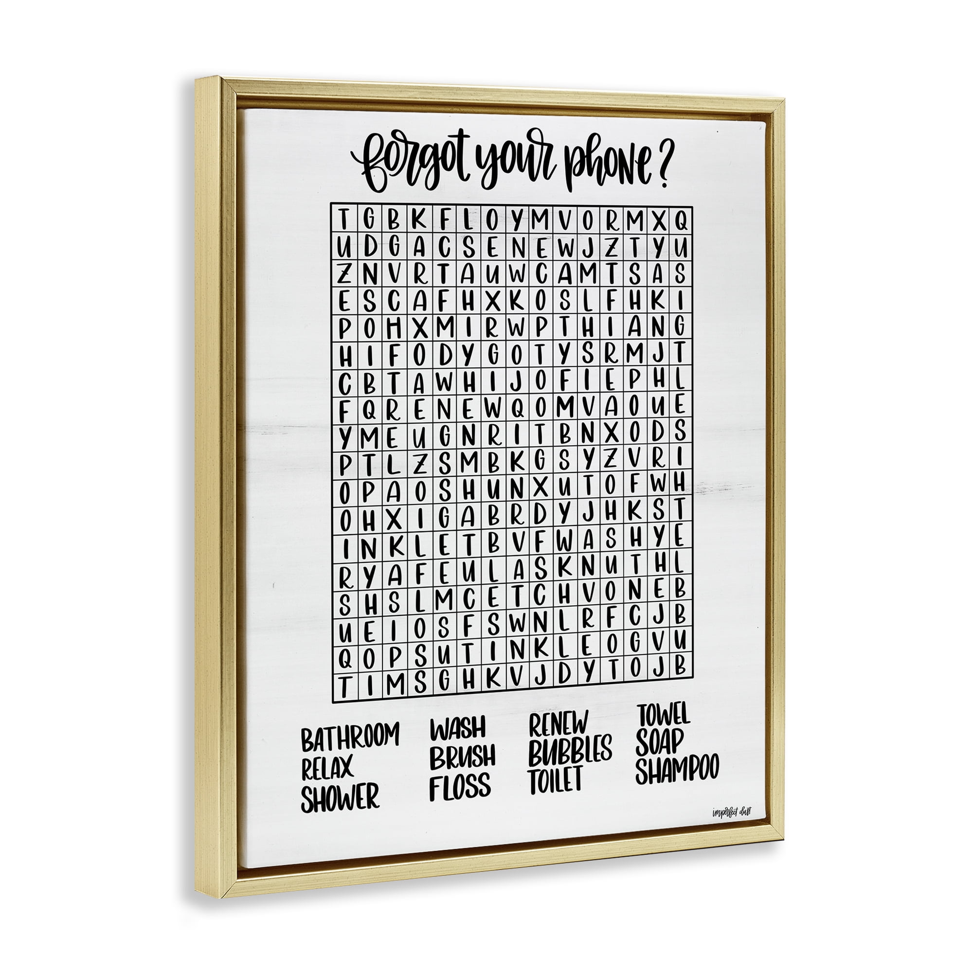 Stupell Industries Forgot Phone Bathroom Wordsearch Gold Framed Floater Canvas Wall Art, design by Imperfect Dust