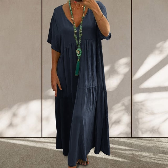Robes pour Femmes 2024 Été Surdimensionné Coton Lin Couleur Unie Ample Col en V Manches Courtes Robe 50 % de Réduction!