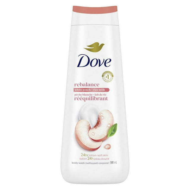 Dove Nettoyant Corporel pour 24 H de Peau Douce Pêche Blanche + Lait de Riz Rééquilibrant, 591 ml