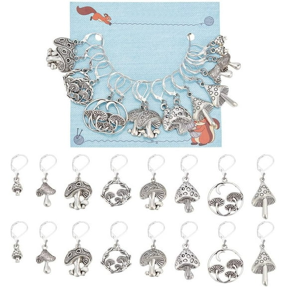 16 Pcs Stitch Markers Silver 8 Styles Mushroom Crochet Markers Tibetan Style Locking Stitch Needle Clip for Knitting Weaving Sewing Accessories Jewelry Making