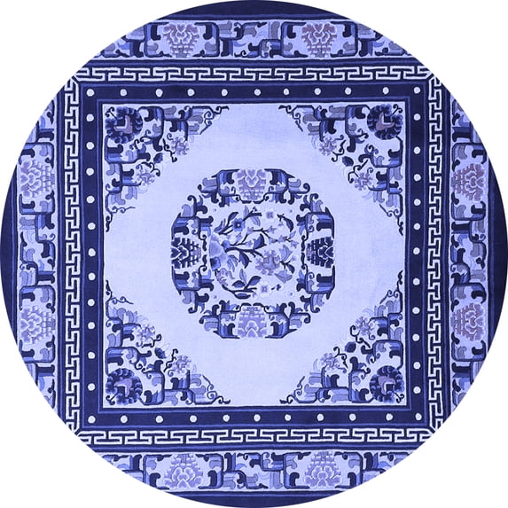 Ahgly Company Machine Washable Indoor Round Oriental Blue Asian Inspired Area Rugs, 5' Round
