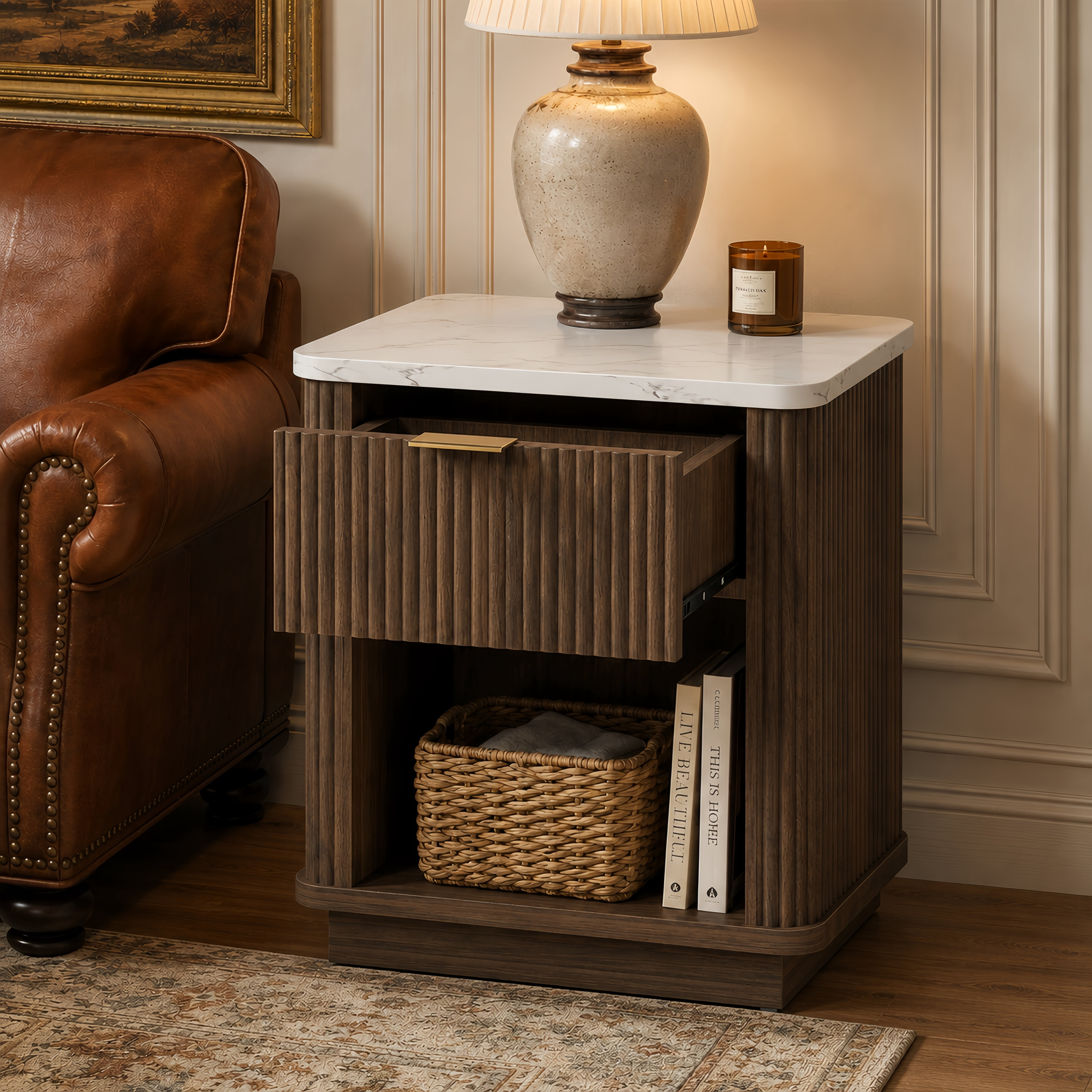 Nightstands Set of 2,Walnut Finish Fluted Nightstand with Storage Drawer and Open Shelf, Faux Marble-Look Top, Gold-Tone Handle, Modern Bedside Table and End Table for Bedroom, Guest Room, Dorm