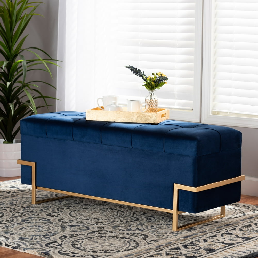 Baxton Studio Parker Glam and Luxe Navy Blue Velvet Upholstered and Gold Metal Finished Storage