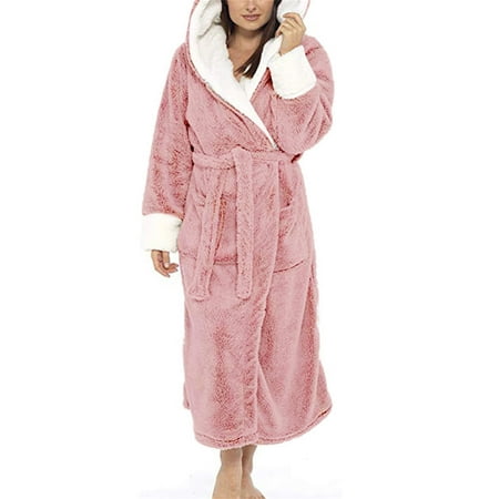 

Kironypik Women Bathrobe Flannel Warm Long Robe Waist Lace-up Pocket Nightgown for Autumn Winter Pink S Pink XXL