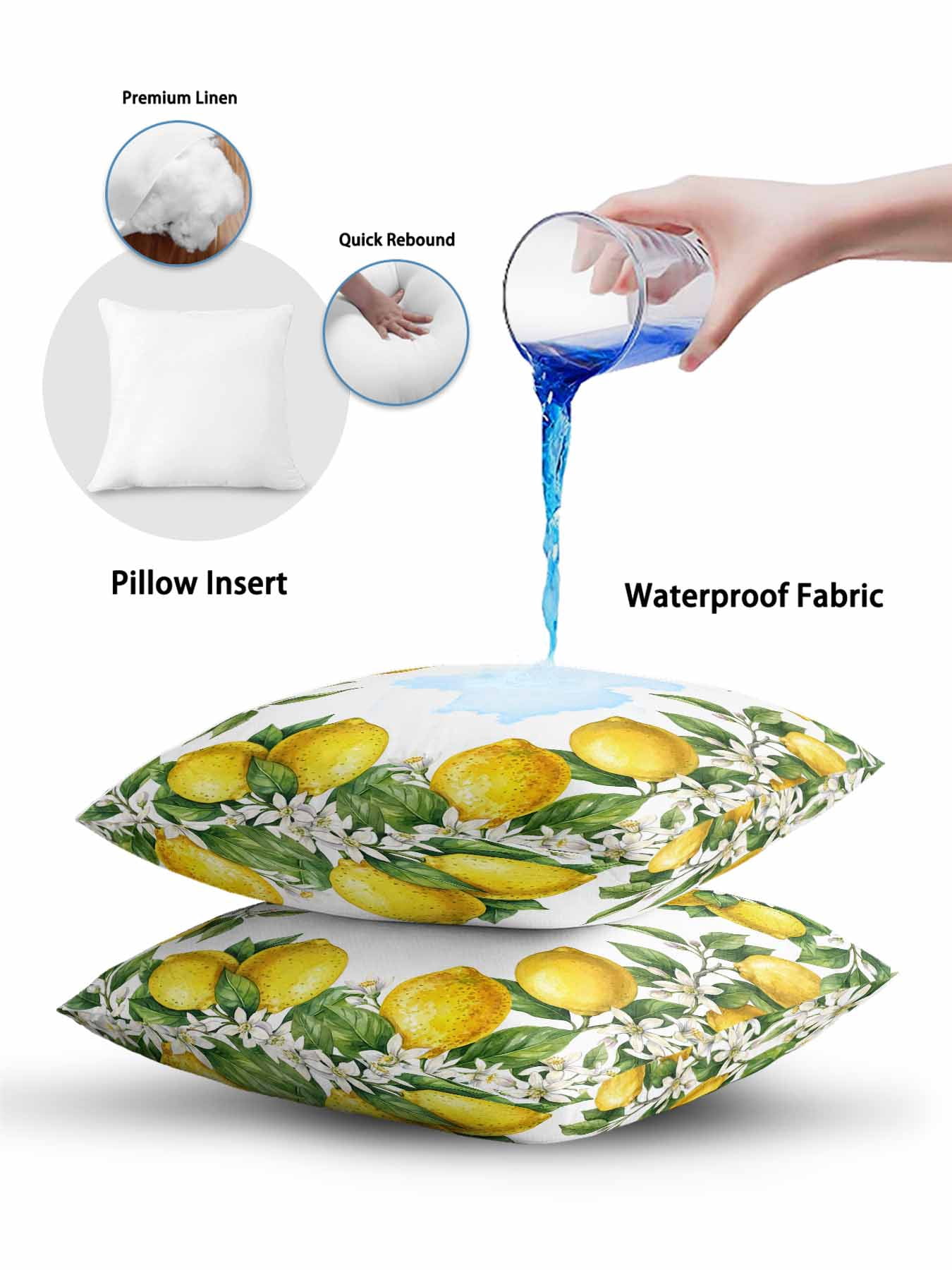 1 Pack Outdoor Pillows Waterproof, Summer Lemons Indoor/Outdoor Throw Pillows with Inserts, Fruits White Flowers Farmhouse Country Decorative Pillow for Patio Furniture Chairs Couch