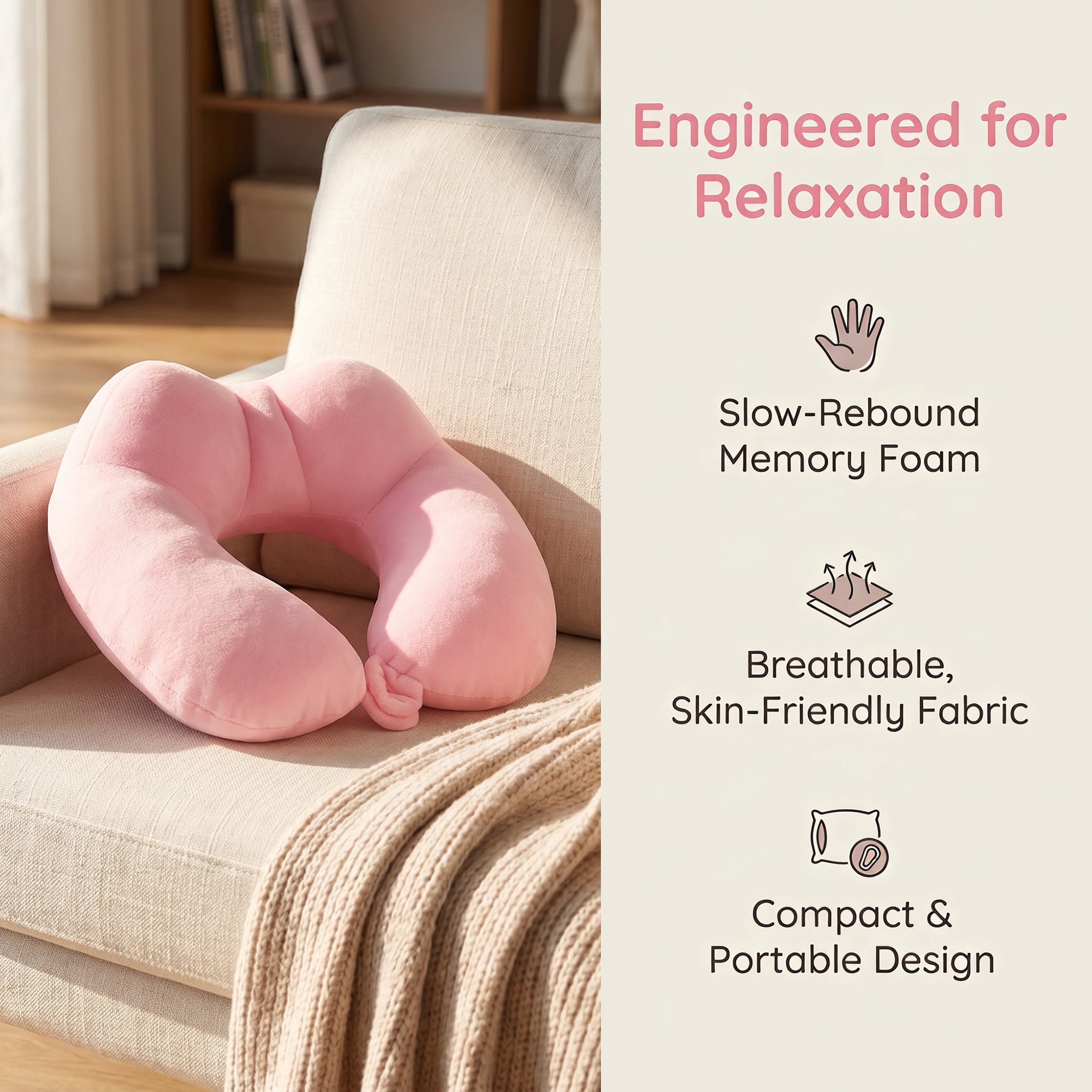 Unique Bargains Memory Foam U Shape Travel Neck Pillow Snap Closure Pink 12"x11"x5"
