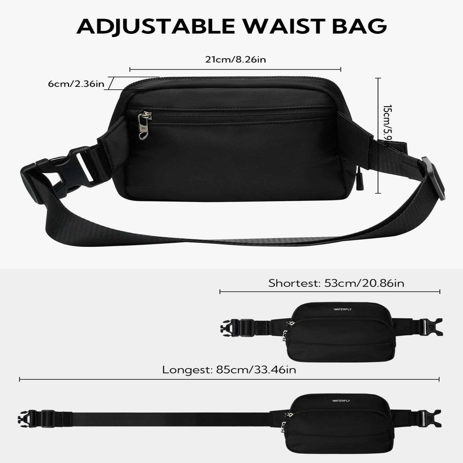 WATERFLY Unisex 2L Walking Hiking Travel Running Nylon Fanny Pack Waist Bag,Black
