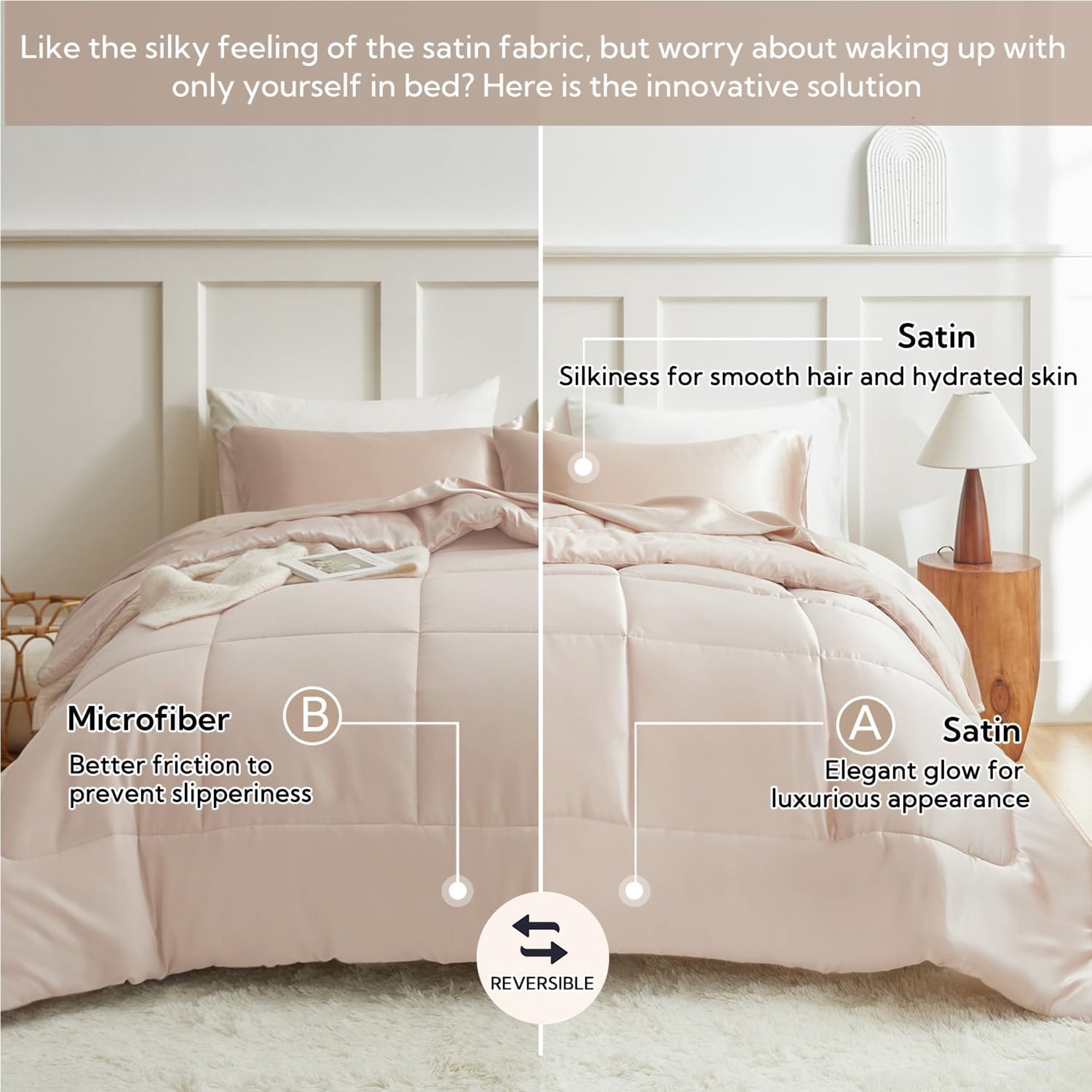 MR&HM Reversible Satin Microfiber Comforter 3 Pieces Full Size, Beige Full Comforter Set for All Seasons, Silky Soft Satin Comforter for Hair and Skin, with Satin Pillowcases Set of 2