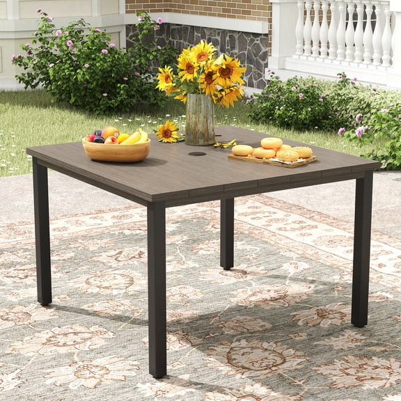 Vicllax 40" Outdoor Patio Dining Table, Metal Slatted Square Patio Table with Umbrella Hole for 4 person, Graywood