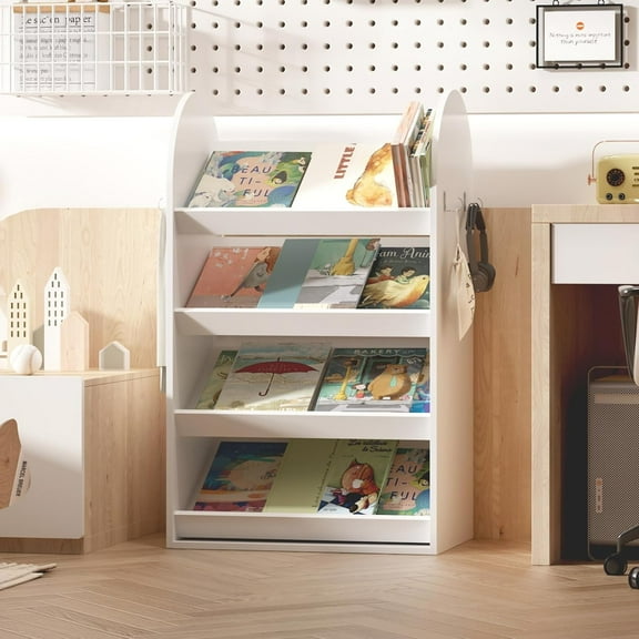 NACHES 4-Tier Kids Bookshelf, Scalloped Book Shelf for Kids Room, Front Facing Toddler Montessori Bookshelf, Wooden Toddler Book Display Shelves for Classroom, Playroom, and Nursery (White)
