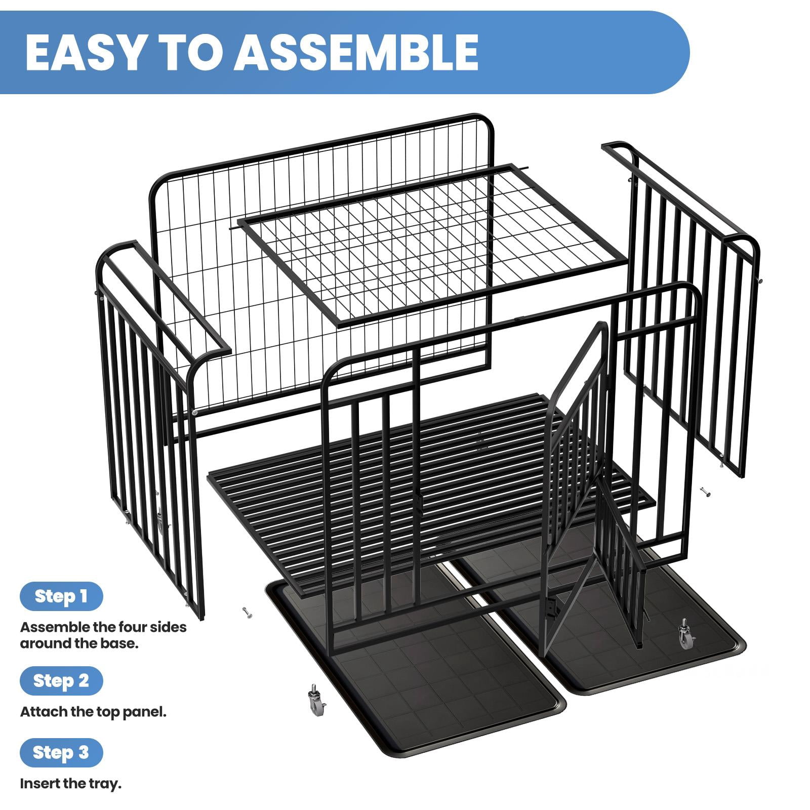 Black 42inch Indestructible Dog Cage, Double Door Dog Crate with Lockable Wheels, Easy Clean Removable Tray Dog Kennel for indoor apartment pet daily care and confinement