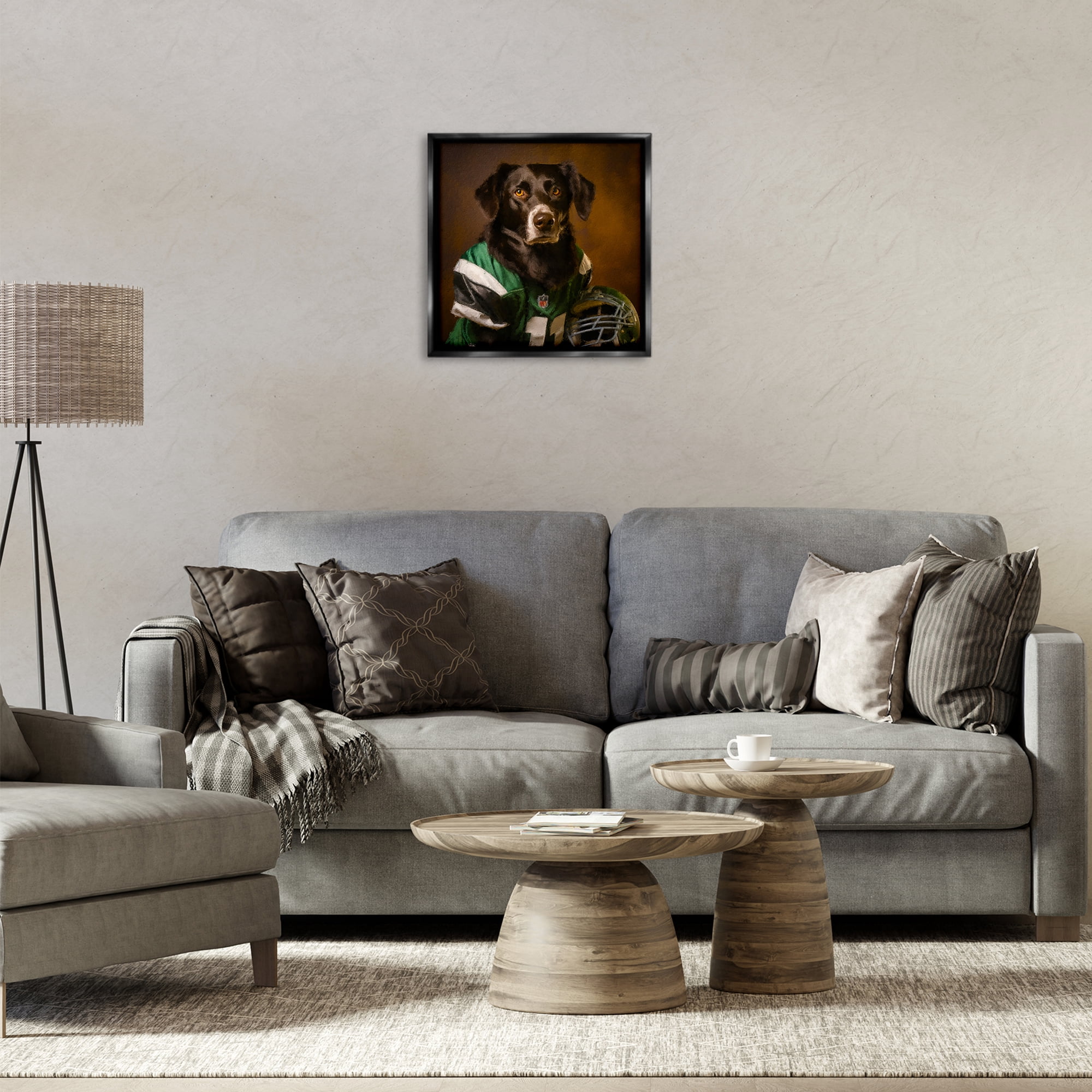 Stupell Industries Football Star Dog Animals Painting Black Floater Framed Canvas Art Print Wall Art, 18 x 18