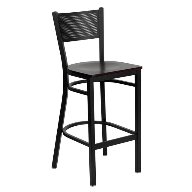 HERCULES Series Black Grid Back Metal Restaurant Barstool - Mahogany Wood Seat