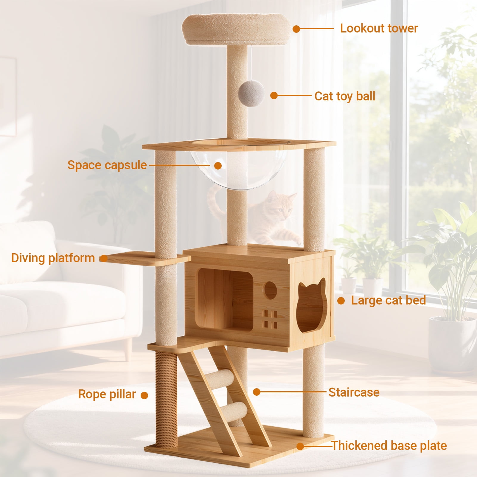 Vacmaster 48.8in Modern Cat Tower, Wood Cat Tree Tower for Indoor Cats, Cat Treewith Sisal-Covered Scratching Posts and Top Perch, Cat Condo with Acrylic Hammock for Small Large Cats