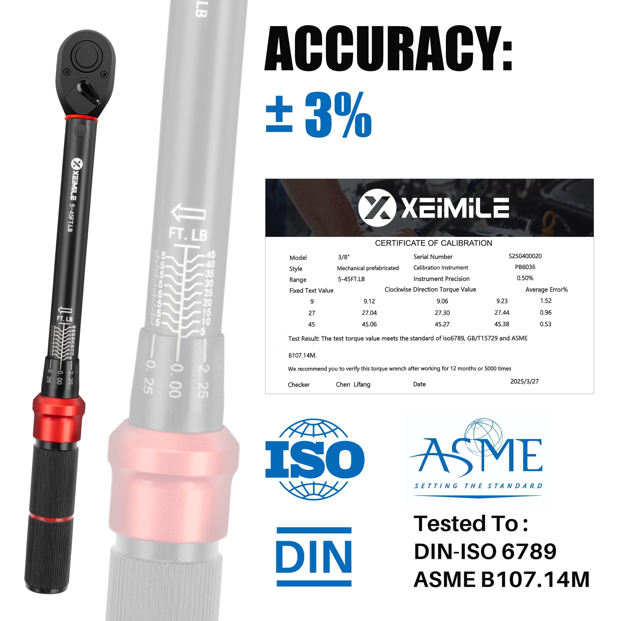 XEIMILE 3/8-Inch Drive Click Torque Wrench - 5-45 Ft-Lb/6.8-61Nm