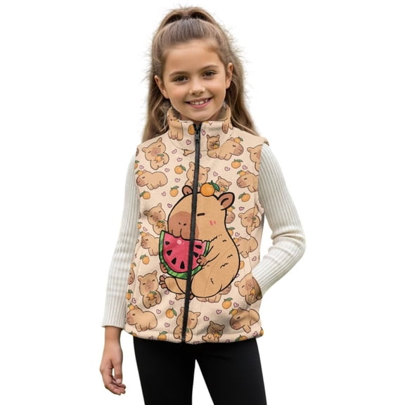 chaqlin Girls Fleece Vest Size 2T Cute Capybara Sleeveless Outerwear Watermelon Print Full Zipper Vests Jacket Kids Sports Coat with Pockets
