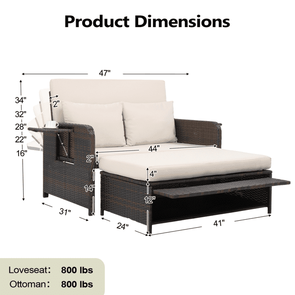 Patio Rattan Daybed Set, 2-in-1 Wicker Loveseat Sofa with Multipurpose Ottoman & Retractable Side Tray, 5-Level Adjustable Backrest, Footstool with Storage, Seat & Back Cushion Included, Brown