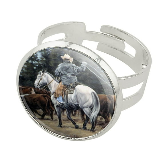Ranch Cowboy Cattle Drive Roundup Silver Plated Adjustable Novelty Ring