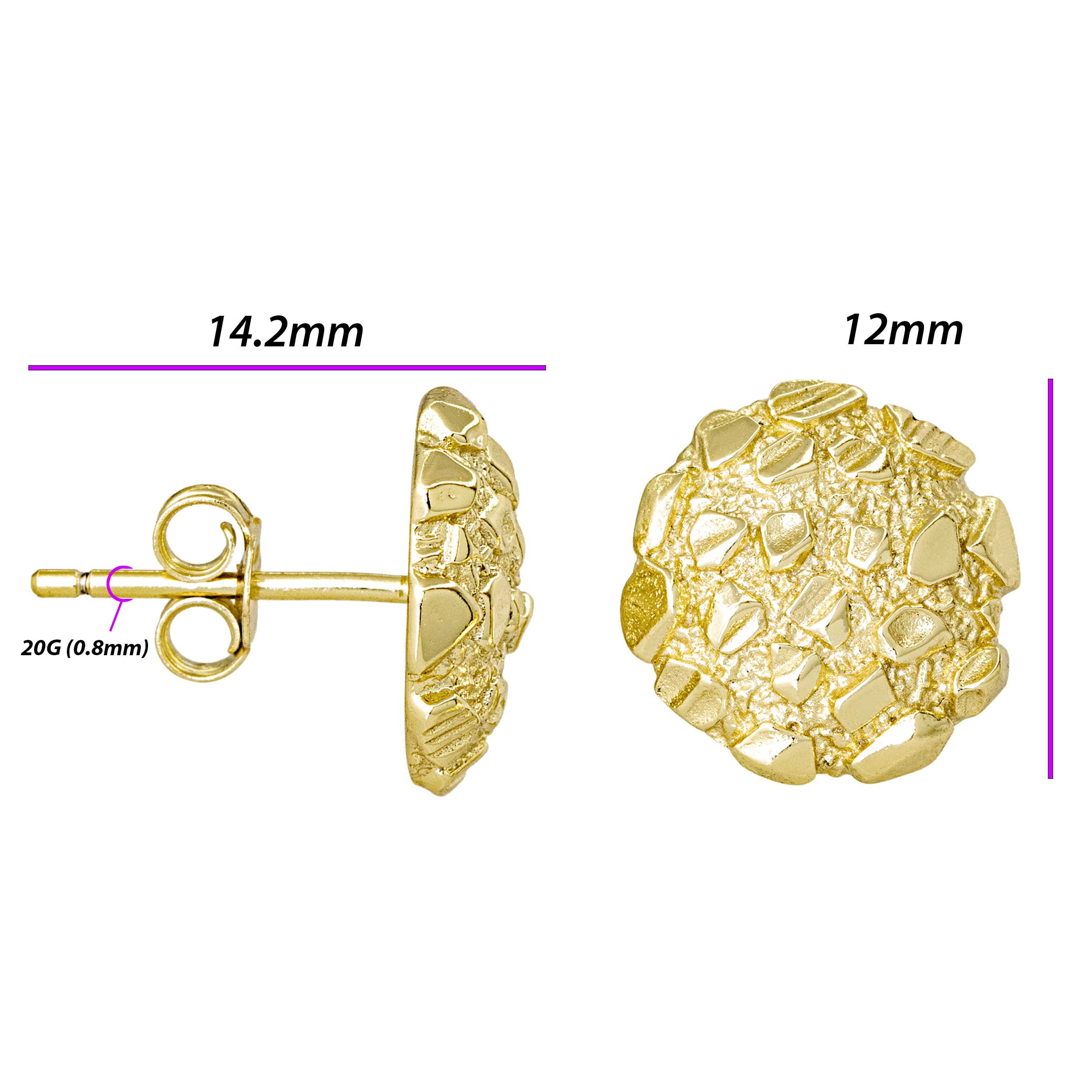 Nugget Stud Earrings - Yellow Gold Plated Sterling Silver Textured Chunky Studs - Hypoallergenic Minimalist Earrings for Men-Women 12mm
