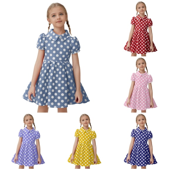WhouRiu Girls Casual Ruffle Dresses Polka Dot Graphic Puffy Short Sleeve Dress Kids Comfortable Cute Summer Everyday Sundress,8-9 Years