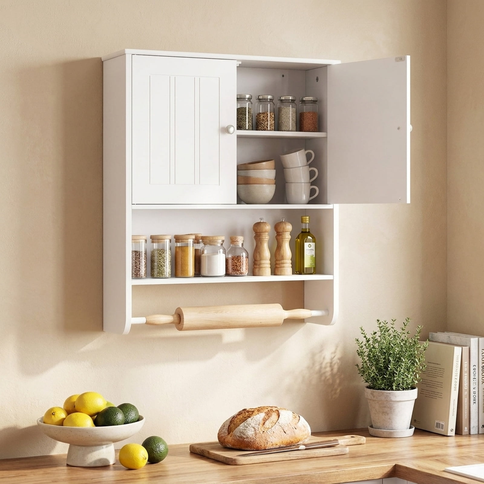 Vebreda Bathroom Towel Rack, Bathroom Wall Cabinet with Towel Bar and Open Shelf, Ample Storage Space, Flexible Storage Options