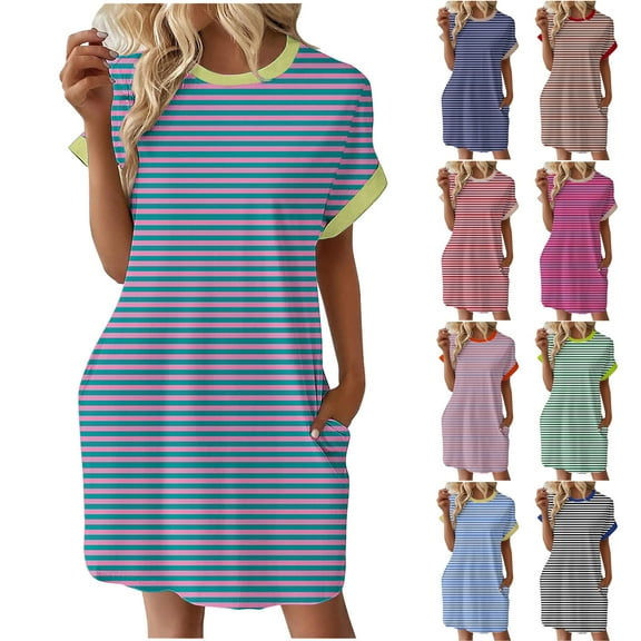 Sentmoon Wedding Guest Dresses for Women Short Sleeve Striped Print Midi Wedding Guest Dresses 2026 with Pockets Regular Fit Crew Neck Formal Dresses for Women Wedding Guest XXL