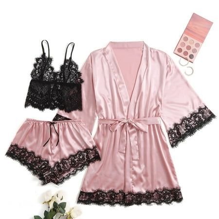 Levmjia Womens Pajama Sets Pajamas & Loungewear Summer Women Plus Size Sexy Lingerie Silk Robe Satin Bathrobe Four-piece Set Sleepwear Pajamas