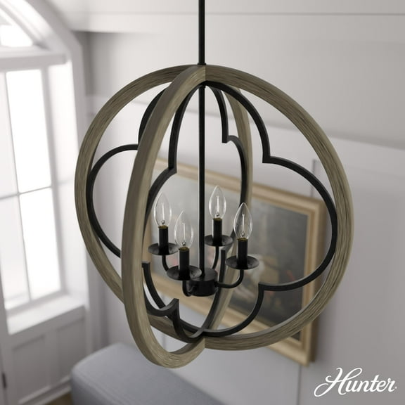 Hunter - Gablecrest 4-light French Oak, Large Pendant Light, Dimmable, Transitional Style, Sphere Shaped, for Bedrooms, Dining, Living Rooms - 19097