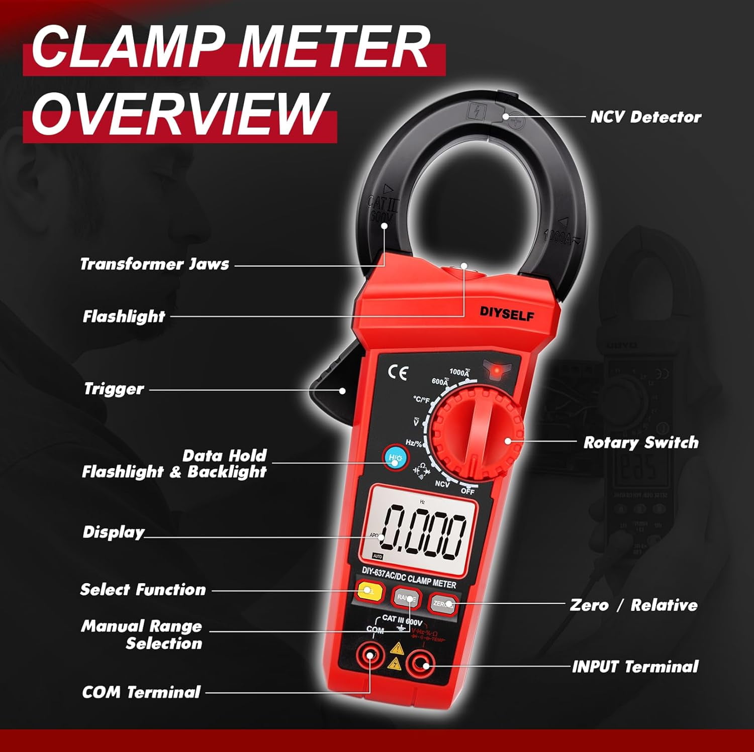 DIYSELF Digital Clamp Meter – 600A AC/DC, 6000 Counts, Auto-Ranging Multimeter with Non-Contact Voltage, Backlit Display, Temperature Test, Diode & Continuity, CAT III 600V, Clamp Multimeter