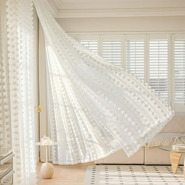Cortinas translúcidas Panel de voile blanco 52x106 in | Largas Vendas Bordadas de Rayas | Poliéster ligero | Tratamiento moderno transparente para ventanas para dormitorio y salón | Decorativo