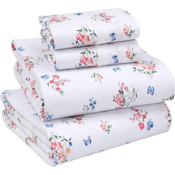 California King Sheet Set, 100% Cotton Percale 4-Piece Bedding, Ultra Soft & Breathable Deep Pocket 14" Hotel Style Cooling Sheets, Delicate Floral Design