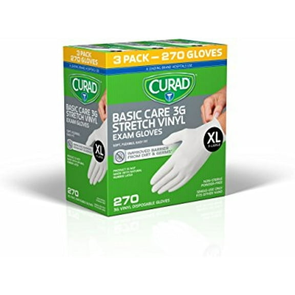 Curad - CUR3GT4R Disposable, Basic Care, 3G Stretch, Vinyl Exam, Gloves - Latex Free, Medical Grade, Non-Sterile, Powder Free, X-Large, 90 Count (3-Pack)