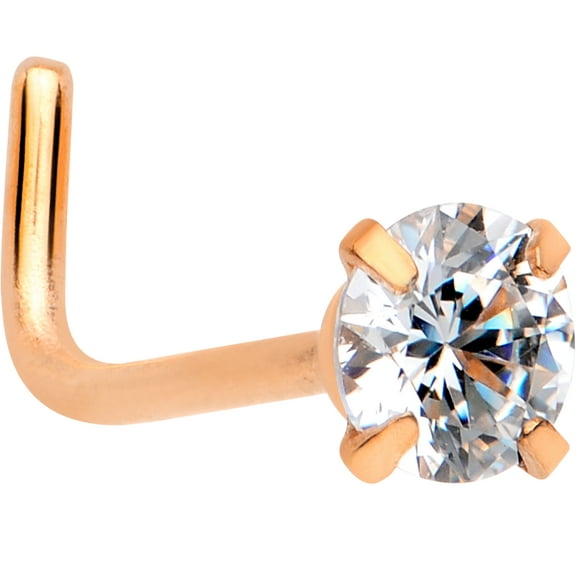 Body Candy Rose Gold Tone IP Steel 3mm Clear Accent L-Shape Nose Ring 20 Gauge 1/4"
