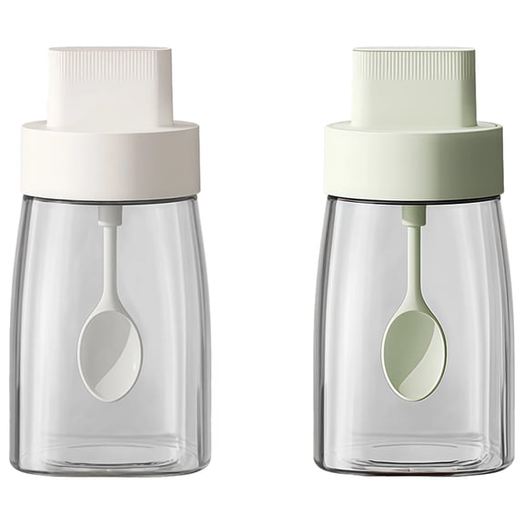 2 Pcs Glass Seasoning Containers, Kitchen Salt Jars with Spoon Airtight, Moisture-Proof Spice Bottles Set, Ideal for Home Cooking and Storage, White & Green