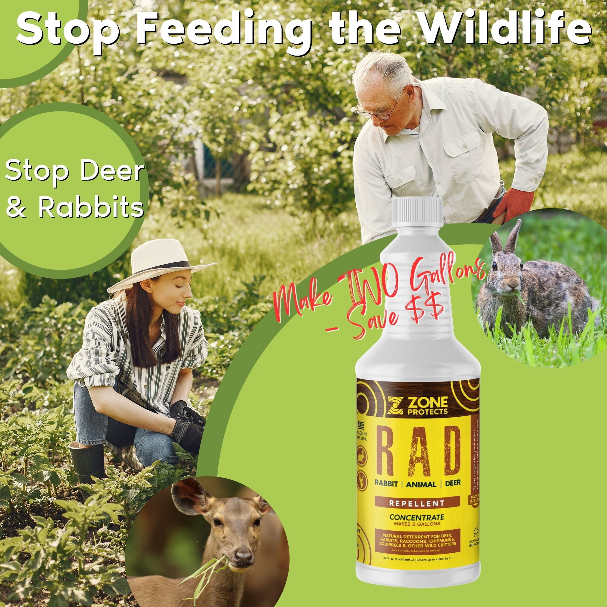 R.A.D. - Rabbit, Animal, Deer Repellent Concentrate, 32oz; All-Natural Money Saving; Makes Two Gallons.  Keeps Critters Out of Gardens, Lawns and Flower Beds