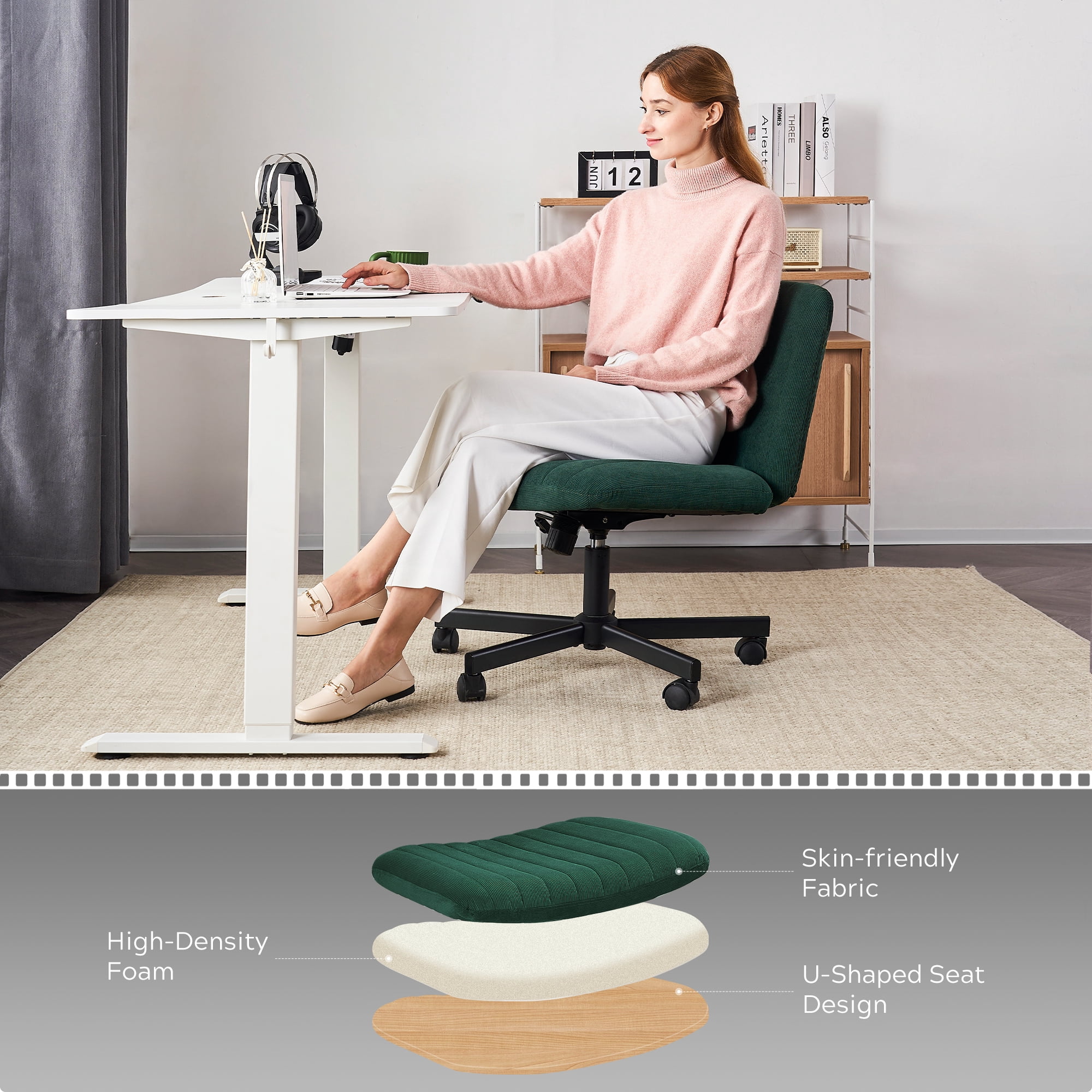 EYYTHUNG Wide Seat Crossleg Chair with Wheels, Velvet Home Office Computer Desk Chair, Swivel Side Vanity Chair Green for Girl, Dark Green