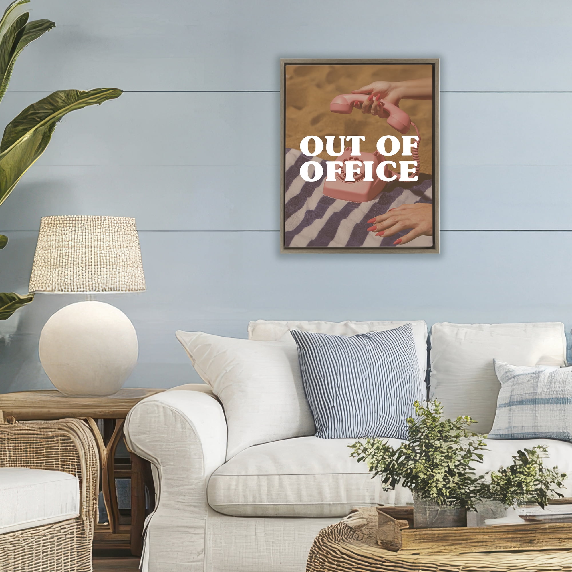 Out of Office Pink Phone Brown Framed Floater Canvas Wall Art, design by Lil' Rue