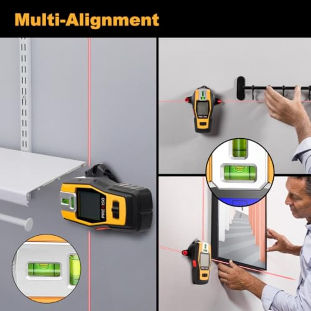 2-in-1 Stud Finder With Level  Rechargeable Multi Surface Cross Line & Wall Scanners Tool For Hanging Frames Picture Wood Ac Wire Metal Studs Joist Pipe Detection