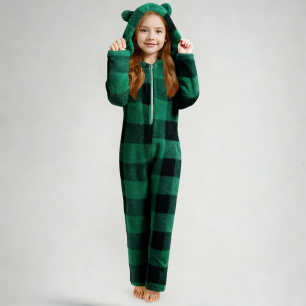 Mono de manga larga con capucha y pantalones largos para niña, a cuadros, informal, cálido, de poliéster, para dormir, para invierno