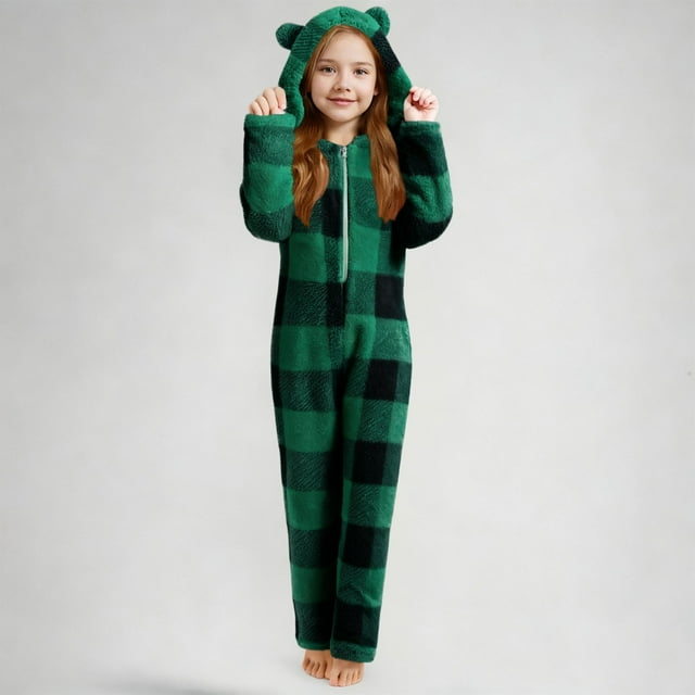 Mono de manga larga con capucha y pantalones largos para niña, a cuadros, informal, cálido, de poliéster, para dormir, para invierno