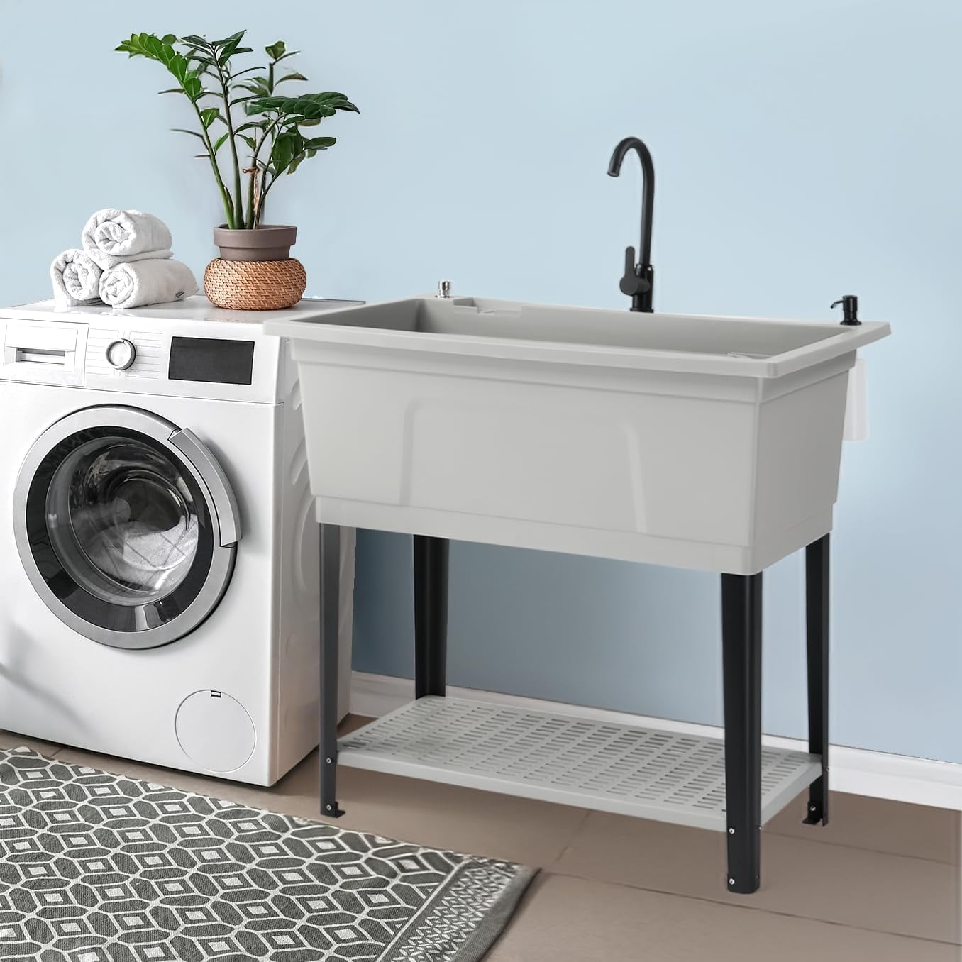 Ktaxon 27 Gallon Plastic Utility Sink with Hot/Cold Faucet, 36" Freestanding Laundry Tub with Iron Legs, Storage Shelf, Drain Board, Soap Dispenser and Pop-up Button for Bathroom, Laundry Room, Gray