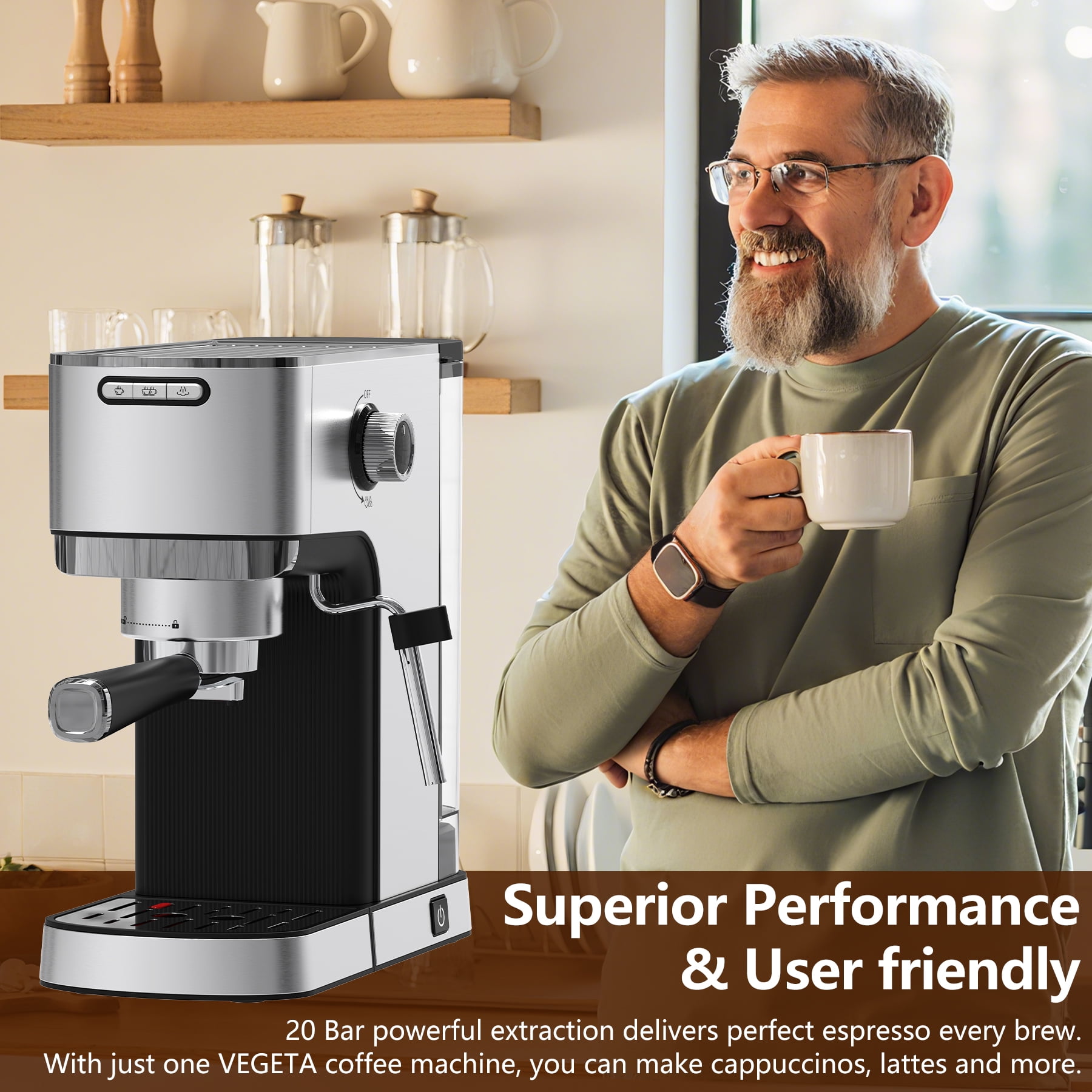 WHALL 20 Bar Espresso Machine & Coffee Maker – with Milk Frother Steam Wand, Stainless Steel Build & 40oz Water Tank