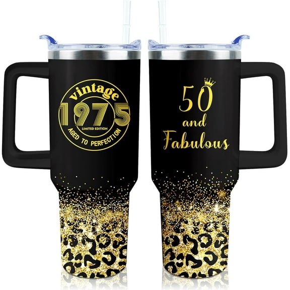 50th Birthday Gifts for Women 40 oz Tumbler with Handle and Straw Lid Leak Proof - Vintage 1975 Cup 50 Years Old Fabulous Gifts for Women Insulated Tumblers Travel Coffee Mug