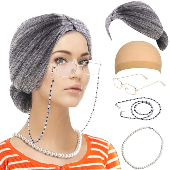 5 Piece Old Lady Costume Set, Granny Wig with Wig Cap, Eyeglasses, Chains and Pearl Necklace for Halloween Cosplay