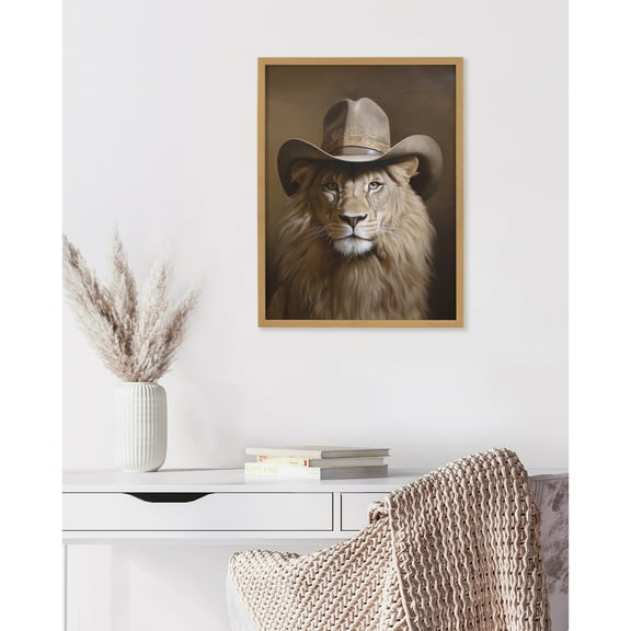 Kate and Laurel Lion Wearing a Western Cowboy Hat Framed Wall Art by The Creative Bunch Studio, 12x16 Gold, Dramatic Cowboy Lion Art for Wall