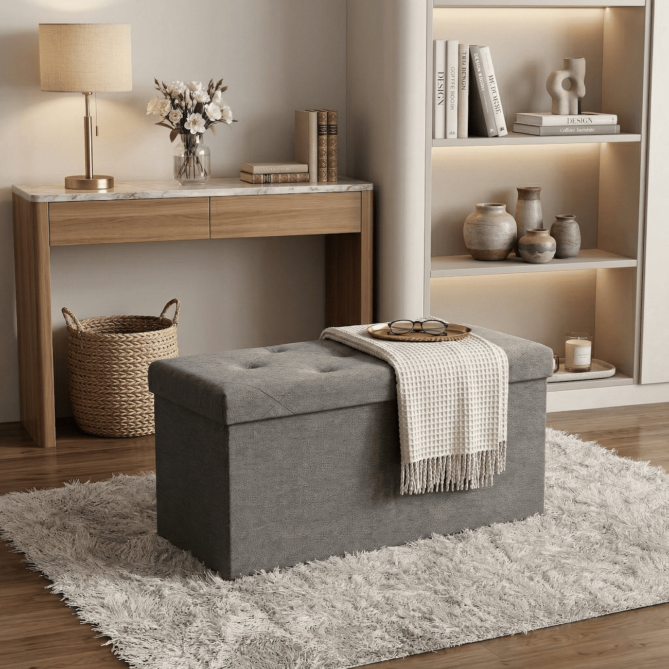 Folding Storage Ottoman Bench 30 Inch, Heavy Duty 660lbs Storage Ottoman with Lid, Collapsible Linen Fabric Ottoman Foot Rest Stool, End of Bed Bench for Bedroom, Living Room, Entryway, Dark Gray